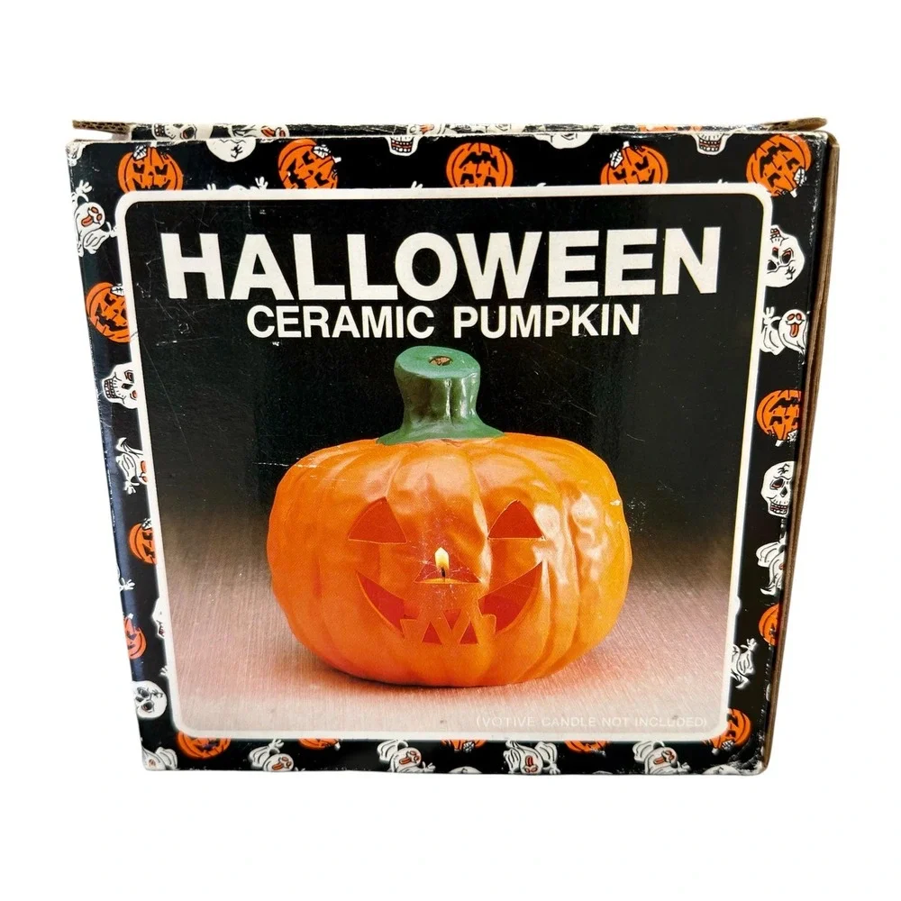 Vintage Halloween Ceramic Pumpkin Jack O Lantern in Original Box Made in Taiwan